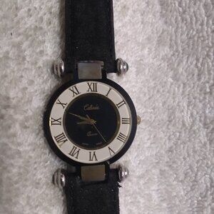 Calinda Quartz Watch-Black Gold Case Dial Leather Band New Bar Works Great !!